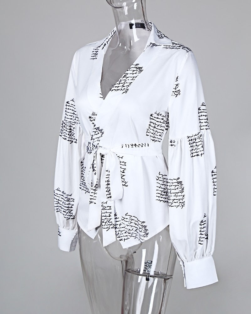 Lantern Sleeve Buttoned Surplice Wrap Printed Blouse – Chérie Luxurious  Apparel